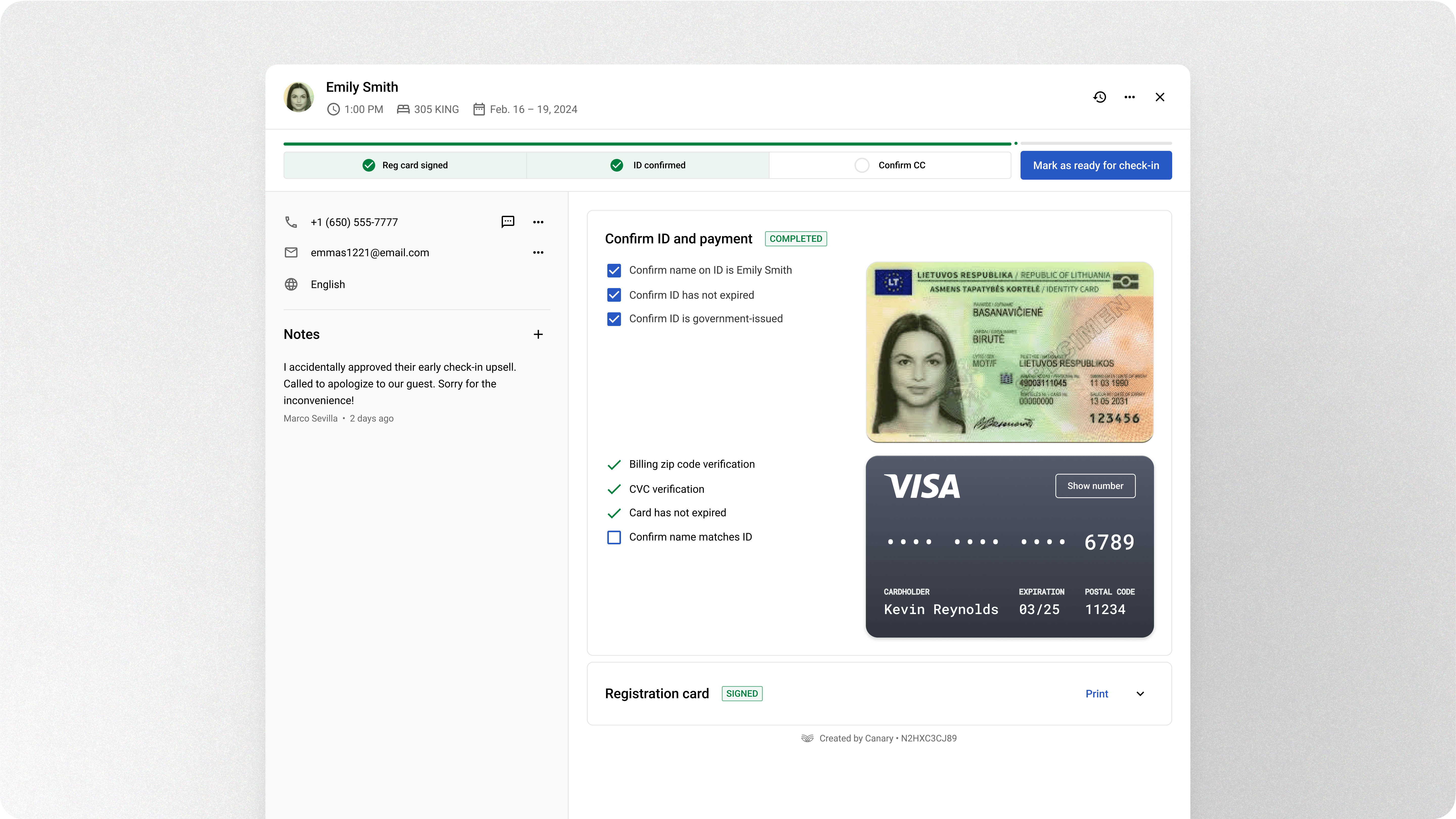 Guest check-in details with ID and payment card side-by-side comparison