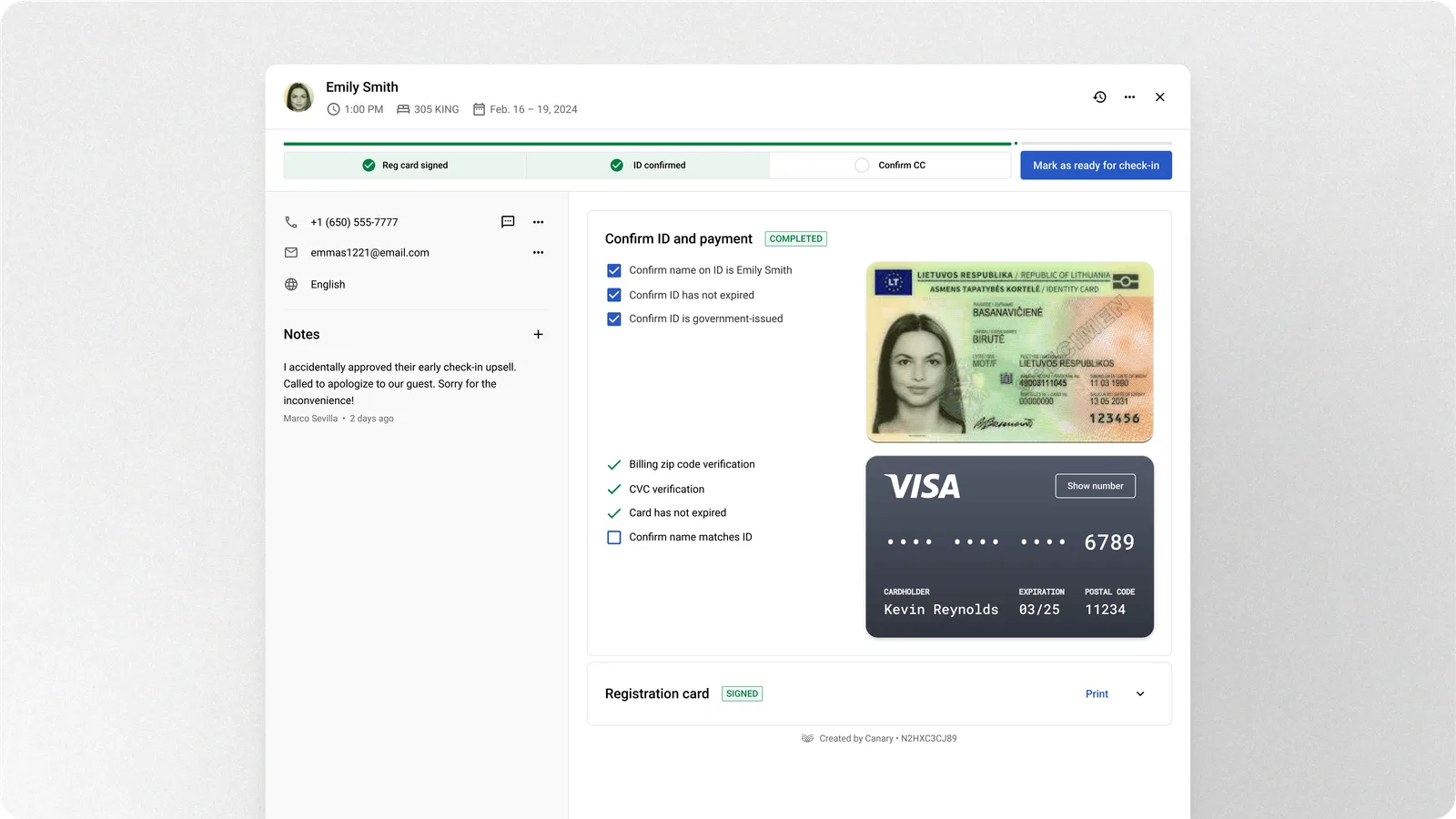 Guest check-in details with ID and payment card side-by-side comparison