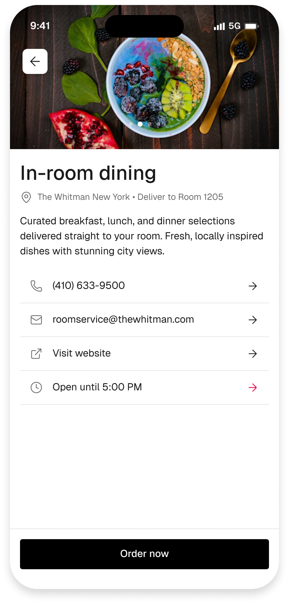 Ordering outlet landing page — in-room dining