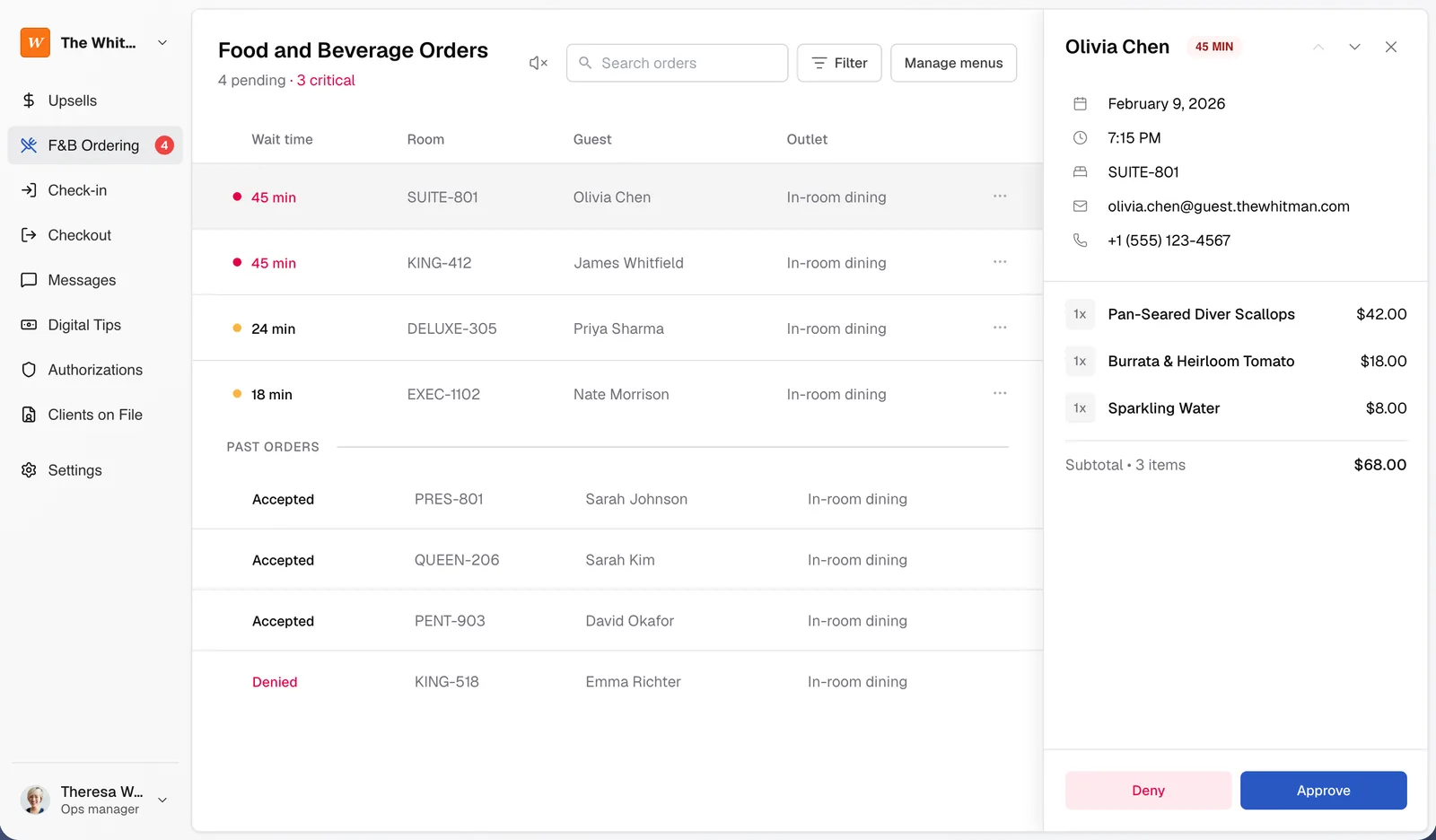 Staff order detail with approve/deny